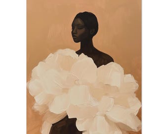 May include: An artistic portrait of a person with dark skin and a black cap, wearing a large, white, textured floral garment. The background is a warm, neutral tone, creating a striking contrast with the subject's features and attire.