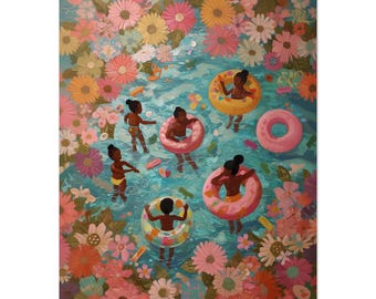 May include: A vibrant painting shows children in a pool with floral surroundings. Some children are in inflatable rings, others are swimming. The water is light blue, and the flowers are pink, yellow, and orange, creating a colourful scene.