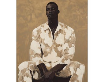 Pode incluir: Pintura a óleo de uma pessoa sentada, vestindo uma camisa branca abotoada e calças combinando com um padrão floral. O fundo é marrom suave e a pele da pessoa é escura.