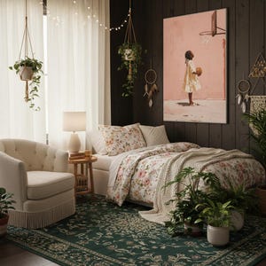 WNBA, oeuvre d'art pour enfants noirs, décoration d'intérieur, décoration pour fille, art sportif, art basket-ball, oeuvre d'art pour enfants, chambre de fille, esthétique douce, art floral image 2