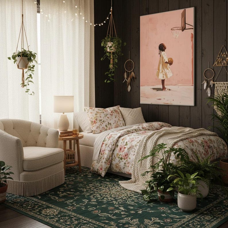 WNBA, oeuvre d'art pour enfants noirs, décoration d'intérieur, décoration pour fille, art sportif, art basket-ball, oeuvre d'art pour enfants, chambre de fille, esthétique douce, art floral image 2