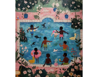 May include: A colourful painting shows a pool scene with multiple dark-skinned figures in the water. The pool is surrounded by greenery and pink architectural features. Floating rings and a yellow duck add playful details to the artwork.