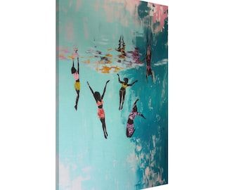 May include: An abstract painting depicts figures in swimwear underwater. The figures are silhouetted in black against a turquoise background with pink and yellow accents. The artwork evokes a sense of serenity and leisure.