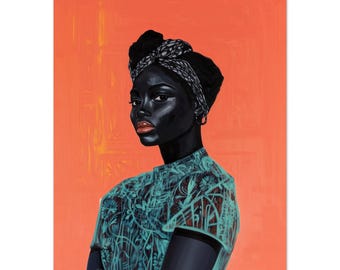 May include: A portrait of a person with dark skin, wearing a patterned headscarf and a teal top with a floral design. The background is a solid orange color. The person is looking towards the viewer.