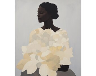May include: An art print featuring a portrait of a person with dark skin and hair styled in a bun. The person is wearing a cream-colored garment with a floral design. The background is a light gray color.