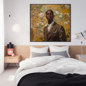 May include: A framed painting of a man wearing a brown suit against a yellow background with white flowers.