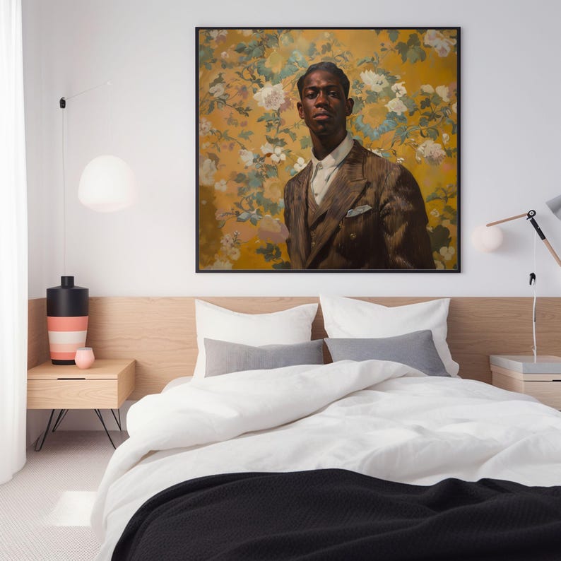 May include: A framed painting of a man wearing a brown suit against a yellow background with white flowers.