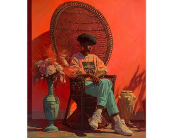 May include: An artistic print featuring a person seated in a wicker peacock chair against a vibrant red wall. The person wears a colorful sweater, blue pants, and white sneakers. A tall, ornate vase with flowers and a decorative urn are also visible.