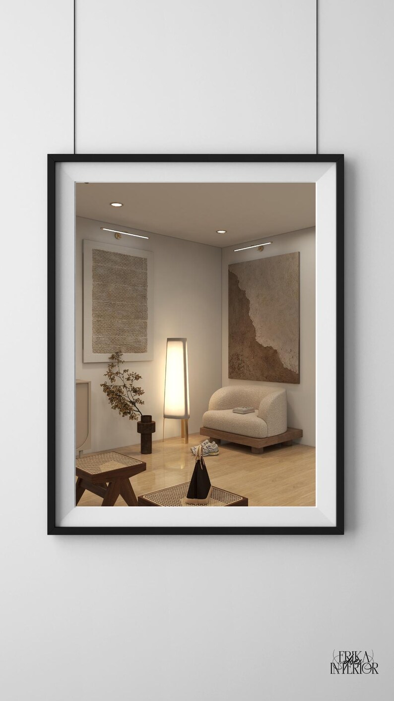 May include: Interior design scene framed in black. The mirror reflects a room with a beige sofa, artwork, a floor lamp, and a small wooden table. The room has a minimalist aesthetic with neutral tones.