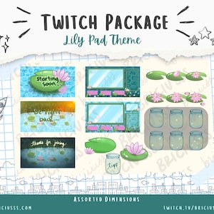 Puede incluir: Un paquete de Twitch con un tema de nenúfares. El paquete incluye una pantalla de inicio, una pantalla de regreso, una pantalla de agradecimiento por unirse, una caja de chat, un espejo, un conjunto de frascos de luciérnagas y nenúfares.