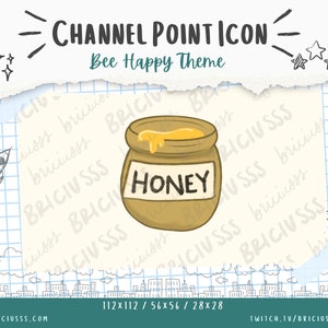 Puede incluir: Ilustración de dibujos animados de un tarro de miel con la palabra "HONEY" en una etiqueta. El tarro es marrón con miel dorada que se desborda por la parte superior. El texto "CHANNEL POINT ICON" y "Bee Happy Theme" están encima del tarro.