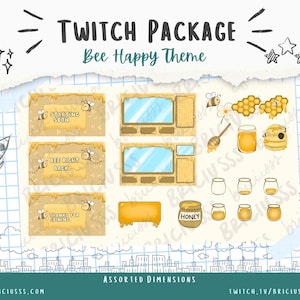 Bee Happy Cute Twitch Streaming Package - 3 Animated Scenes, 2 Scene Overlays, 2 sets of 6 Sub/Bit Badges, 22 Panels