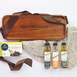 Engraved Acacia Wood Tray Gift Basket: Corporate Logo, Real Estate Closing