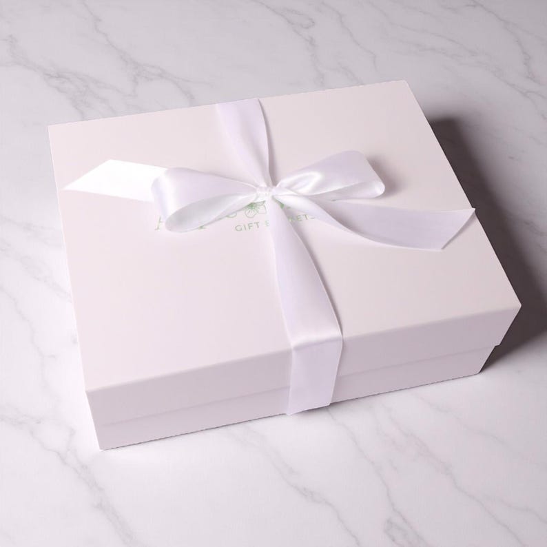 birthday gift box for her comes in our signature white magnetic close gift box with a white handtied satin bow.  luxury gift boxes made in Washington