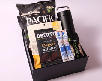 Snack and Hydrate Gift Box: Jerky, Pistachios & Water Bottle
