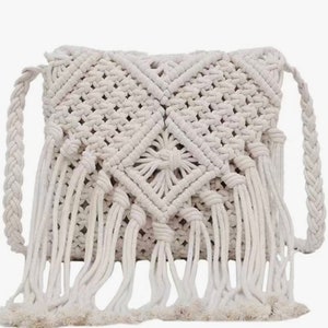 Boho Bohemian Indie Macrame Crochet Tassle Woven Fringe Summer Shoulder Bag. Available in Cream or Beige