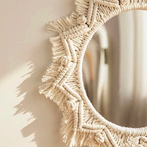 Boho Macrame Woven Natural Cream Sun Inspired Mirrored Wall Hanging Decor Art