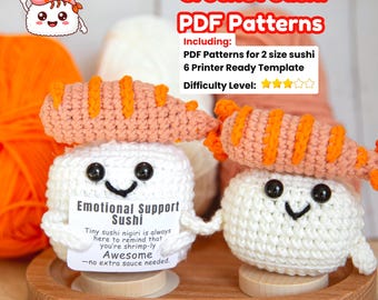Emotional Support Crochet Sushi PDF Pattern with Holding Cards