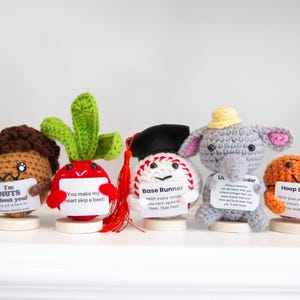 May include: Five crocheted plush toys with different themes, each holding a card with a message. The toys are a brown nut, a red radish, a white baseball, a gray elephant, and an orange basketball.