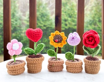 Crochet Flower Desk Decor: Handmade Yarn Sunflower, Rose, Tulip