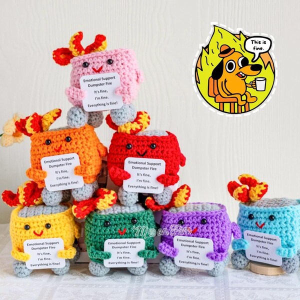 Emotional Support Crochet Dumpster Fire - Knitted Desk Toy With Positive Card, Weighted Base - View #5