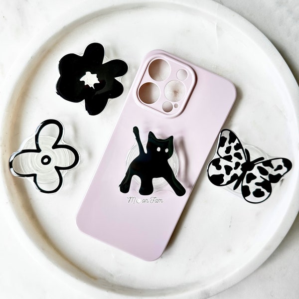 Simple Cute Minimalist Clear Flower Butterfly Black Cat Phone Grip Holder| Foldable Kindle Grip Stand