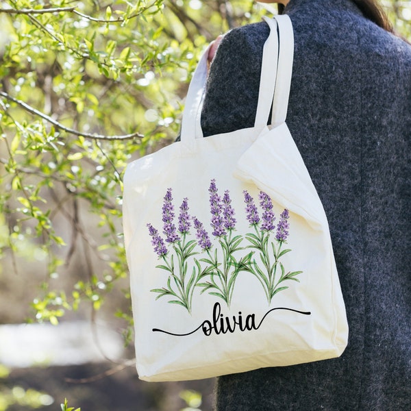 Lavender Flowers Tote Bag, Personalized Tote Bag, Floral Tote Bag, Tote Bag for Bridesmaids, Cotton Canvas Tote, Bridesmaid tote bag