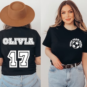 Custom Soccer Shirt, Personalized Soccer Gifts, Soccer Mom Shirt, Soccer Team Gifts, Player Name T-Shirt, Pocket Back Two Sided Design Tee