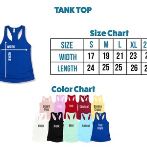 Puede incluir: Una tabla de tallas y una tabla de colores para camisetas sin mangas. La tabla de tallas muestra las medidas de ancho y largo en pulgadas para las tallas S, M, L, XL y 2XL. La tabla de colores muestra 10 colores diferentes de camisetas sin mangas: rosa desierto, lila, rojo, cardenal, crema de pl&aacute;tano, blanco, negro, menta, Canc&uacute;n y azul real.