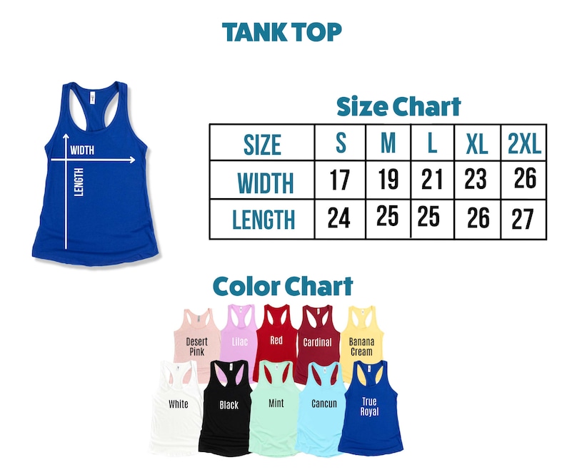 Puede incluir: Una tabla de tallas y una tabla de colores para camisetas sin mangas. La tabla de tallas muestra las medidas de ancho y largo en pulgadas para las tallas S, M, L, XL y 2XL. La tabla de colores muestra 10 colores diferentes de camisetas sin mangas: rosa desierto, lila, rojo, cardenal, crema de pl&aacute;tano, blanco, negro, menta, Canc&uacute;n y azul real.