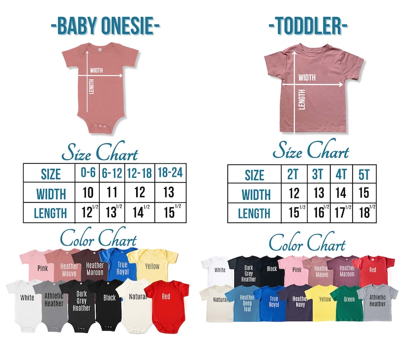 以下が含まれることがあります： ベビーロンパースと幼児用Tシャツのサイズチャート。チャートは、さまざまなサイズに対する幅と長さの測定値をインチで示しています。カラーチャートは、ロンパースとTシャツの利用可能な色を示しており、ピンク、ヘザーモーヴ、ヘザーマロン、トゥルーロイヤル、イエロー、ホワイト、ダークグレーヘザー、ブラック、ナチュラル、レッド、ヘザースティール、ヘザーネイビー、グリーン、アスレチックヘザーが含まれます。