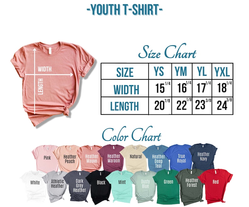 以下が含まれることがあります： インチで測定した子供用Tシャツのサイズチャート。チャートには、YS、YM、YL、YXLのサイズの幅と長さの測定値が表示されています。カラーチャートには、15種類の異なるTシャツの色が表示されています。