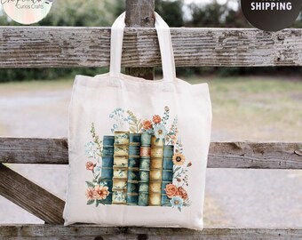 Floral Book Stack Tote Bag – Book Lover Gift, Cotton Canvas
