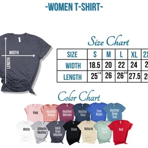 以下が含まれることがあります： インチで測定されたレディースTシャツのサイズチャート。チャートは、サイズS、M、L、XL、2XLのシャツの幅と長さを示しています。カラーチャートは、ピンク、ヘザーモーヴ、ヘザーマロン、ヘザーネイビー、トゥルーロイヤル、ヘザーディープティール、ホワイト、アスレチックヘザー、ダークグレーヘザー、ブラック、ナチュラル、ダスティブルー、レッドなど、Tシャツの利用可能な色を示しています。