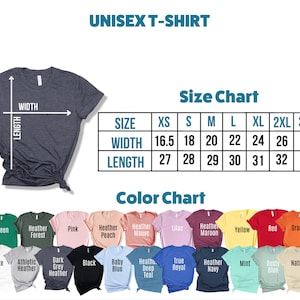 Puede incluir: Tabla de tallas para camiseta unisex con medidas en pulgadas para el ancho y la longitud. La tabla muestra las tallas desde XS hasta 3XL. La tabla de colores muestra 18 colores diferentes de camisetas.
