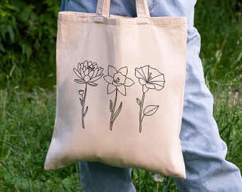 Personalized Birth Month Flower Tote Bag, Custom Floral Gift