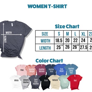 Puede incluir: Tabla de tallas para una camiseta de mujer con medidas en pulgadas. La tabla muestra el ancho y la longitud de la camiseta en las tallas S, M, L, XL y 2XL. Una tabla de colores muestra 14 colores diferentes de camisetas, incluyendo rosa, blanco, malva jaspeado, granate jaspeado, azul marino jaspeado, azul real, azul teal jaspeado, gris jaspeado atl&eacute;tico, gris oscuro jaspeado, negro, natural, azul polvoriento y rojo.