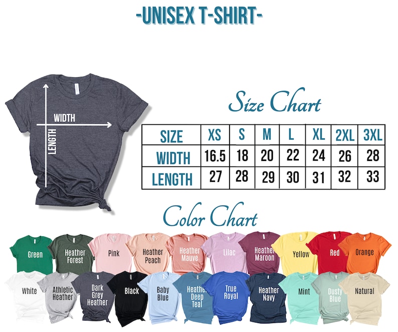 以下が含まれることがあります： ユニセックスTシャツのサイズチャートで、インチで測定されています。チャートは、XSから3XLまでのサイズで、シャツの幅と長さを示しています。カラーチャートは、18種類の異なる色のTシャツを示しています。