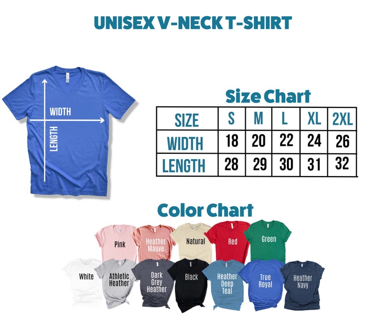 Puede incluir: Tabla de tallas para camiseta unisex de cuello en V con medidas en pulgadas. La tabla muestra las tallas S, M, L, XL y 2XL. La tabla de colores muestra 12 colores diferentes: blanco, gris jaspeado deportivo, gris jaspeado oscuro, negro, azul jaspeado verde azulado oscuro, azul real, azul marino jaspeado, rosa, malva jaspeado, natural, rojo y verde.