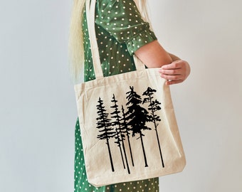 Pine Tree Canvas Tote Bag, Nature Lover Shoulder Bag