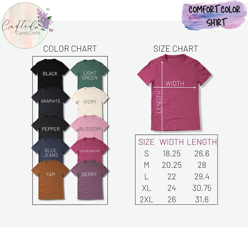 May include: Color chart for a t-shirt with 10 different color options: black, light green, graphite, ivory, pepper, blossom, blue jeans, crunchberry, yam, and berry. Size chart with width and length measurements in inches for sizes S, M, L, XL, and 2XL.