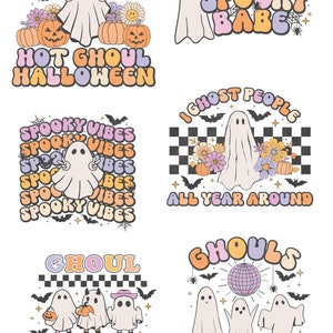 Puede incluir: Seis pegatinas coloridas con fantasmas, calabazas, murci&eacute;lagos y flores. Las pegatinas tienen texto que dice "Hot Ghoul Halloween", "Spooky Vibes", "Spooky Babe", "I Ghost People All Year Around", "Ghoul Gang" y "Ghouls Just Wanna Have Fun".