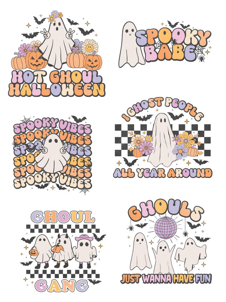 Puede incluir: Seis pegatinas coloridas con fantasmas, calabazas, murci&eacute;lagos y flores. Las pegatinas tienen texto que dice "Hot Ghoul Halloween", "Spooky Vibes", "Spooky Babe", "I Ghost People All Year Around", "Ghoul Gang" y "Ghouls Just Wanna Have Fun".
