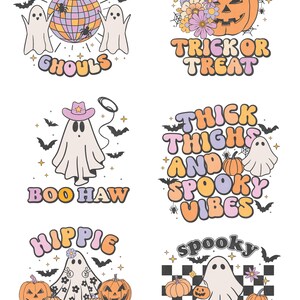 Puede incluir: Conjunto de seis pegatinas de Halloween coloridas con fantasmas, calabazas y texto en estilo retro. Las pegatinas incluyen frases como "Let's Go Ghouls", "Trick or Treat", "Boo Haw", "Thick Thighs and Spooky Vibes", "Hippie Halloween" y "Spooky Season".