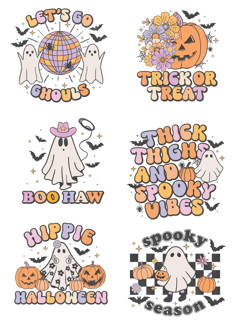 Puede incluir: Conjunto de seis pegatinas de Halloween coloridas con fantasmas, calabazas y texto en estilo retro. Las pegatinas incluyen frases como "Let's Go Ghouls", "Trick or Treat", "Boo Haw", "Thick Thighs and Spooky Vibes", "Hippie Halloween" y "Spooky Season".