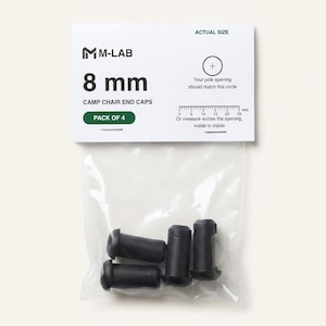 May include: A pack of four black 8 mm camp chair end caps in a clear plastic bag. The white header card features the M-LAB logo, the text 8 mm CAMP CHAIR END CAPS, a pack of 4 label, and a printed 25 mm ruler for measuring pole openings.