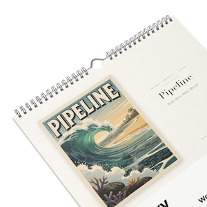 January page of the 2027 Surf Spots calendar: Pipeline, North Shore, Oahu, above the date grid.