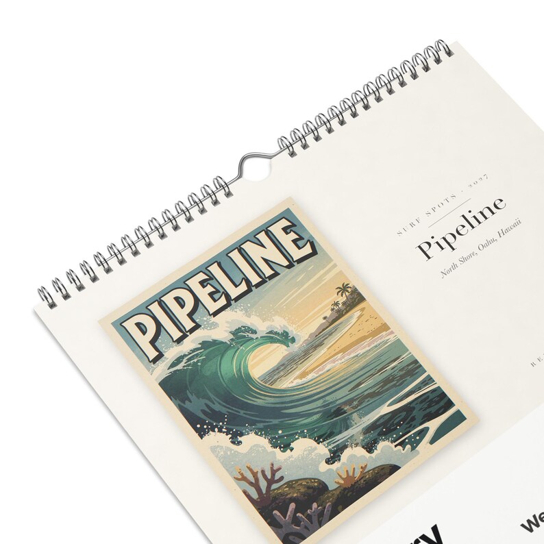 January page of the 2027 Surf Spots calendar: Pipeline, North Shore, Oahu, above the date grid.