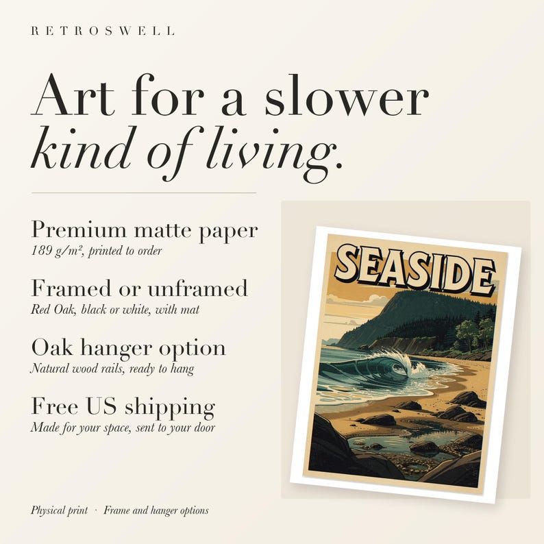 Seaside Surf Travel Poster, Framed or Unframed Vintage Style Coastal Print image 11