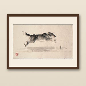 Dog Wall Art | Xieyi Ink Dog Chasing Stick in Surf | Playful Beach Pet Print | Printable Wall Art Digital Download